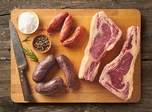 Pack BBQ TXULETON DRY AGED [2 Txuletones a 58,52€/Kg., 3 Chorizos pincho a 9,57€/Kg. y 3 morcillas]
